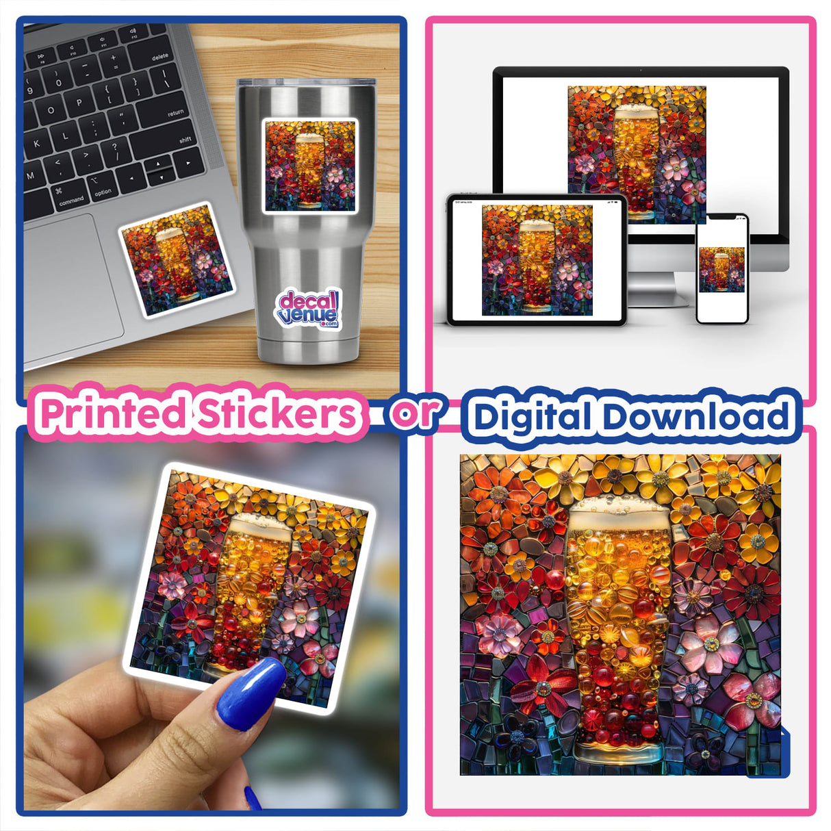 Beer Mosaic Jewels: A collage of images featuring a glass of beer, a laptop, and various close-ups, available as stickers or digital artwork.
