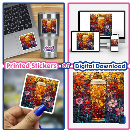 Beer Mosaic Jewels: A collage of images featuring a glass of beer, a laptop, and various close-ups, available as stickers or digital artwork.