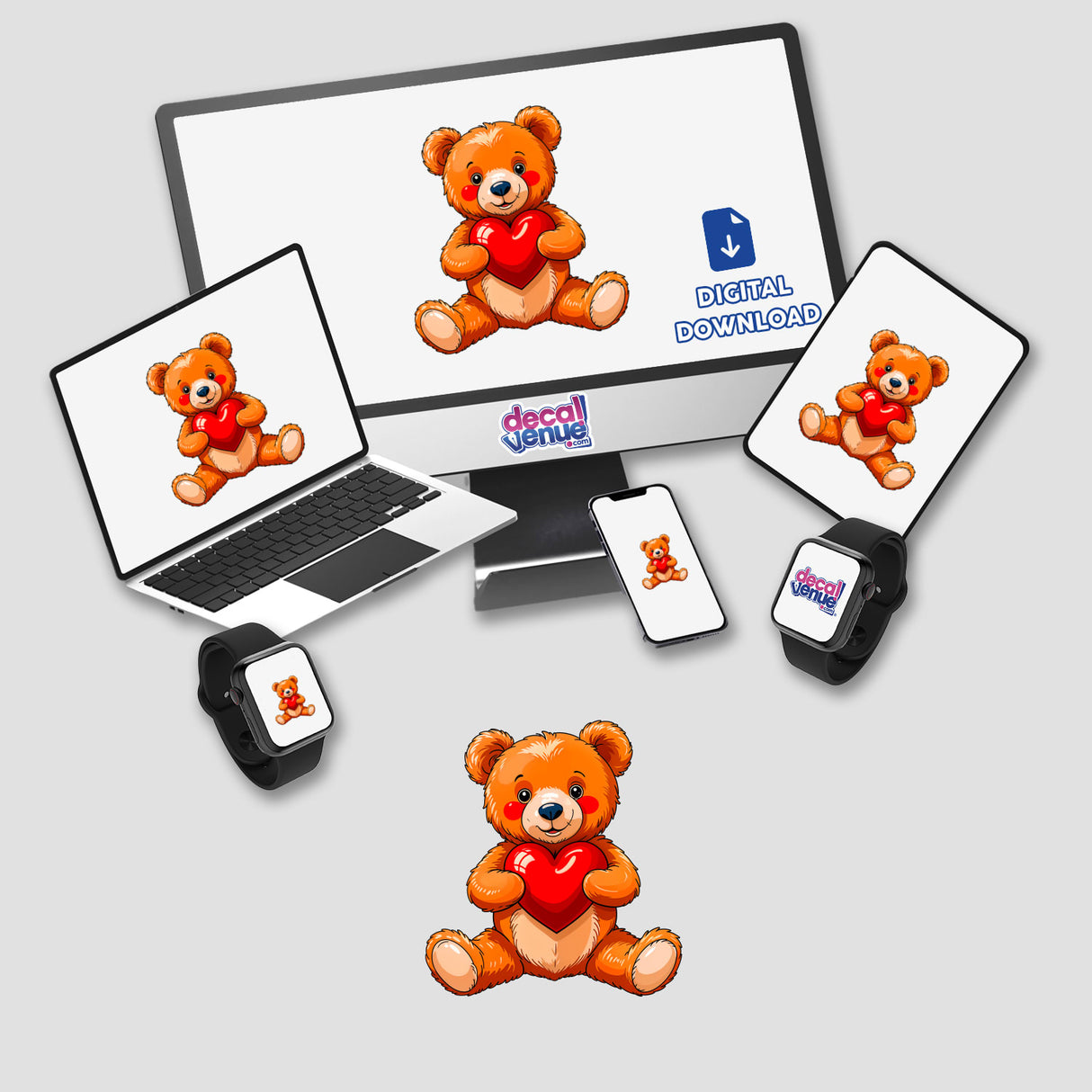 Cute Valentine's Day Teddy Bear design displayed on a computer monitor and laptop screen, featuring a cartoon bear holding a heart. Available as stickers or digital artwork from Decal Venue.