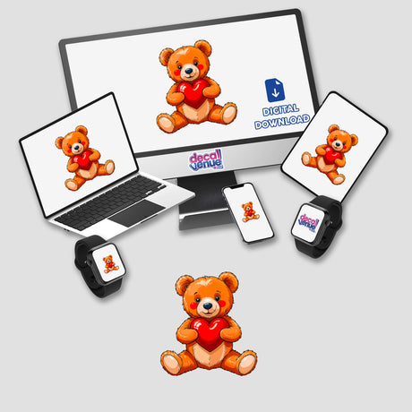 Cute Valentine's Day Teddy Bear design displayed on a computer monitor and laptop screen, featuring a cartoon bear holding a heart. Available as stickers or digital artwork from Decal Venue.