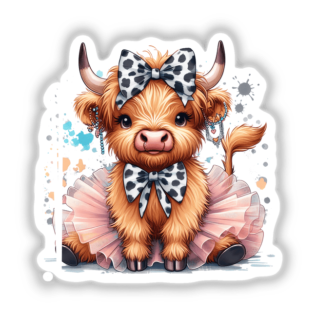 Cute Highland Cow in a Tutu: Adorable digital artwork of a fluffy highland cow wearing a pink tutu and polka dot bow.