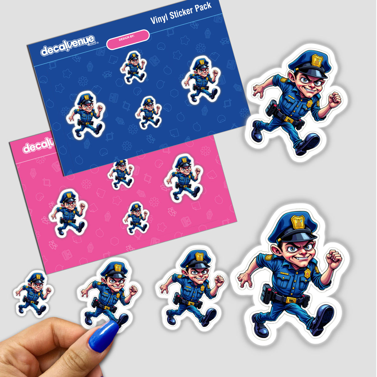 Policial Correndo sticker pack featuring various cartoon police officers in action poses, available as stickers or digital artwork.