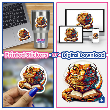Bearded Dragon With Reading Glasses Open Book depicted on a laptop and stickers, showcasing a cartoon lizard engrossed in a book. Available as unique vinyl stickers or digital artwork at Decal Venue.