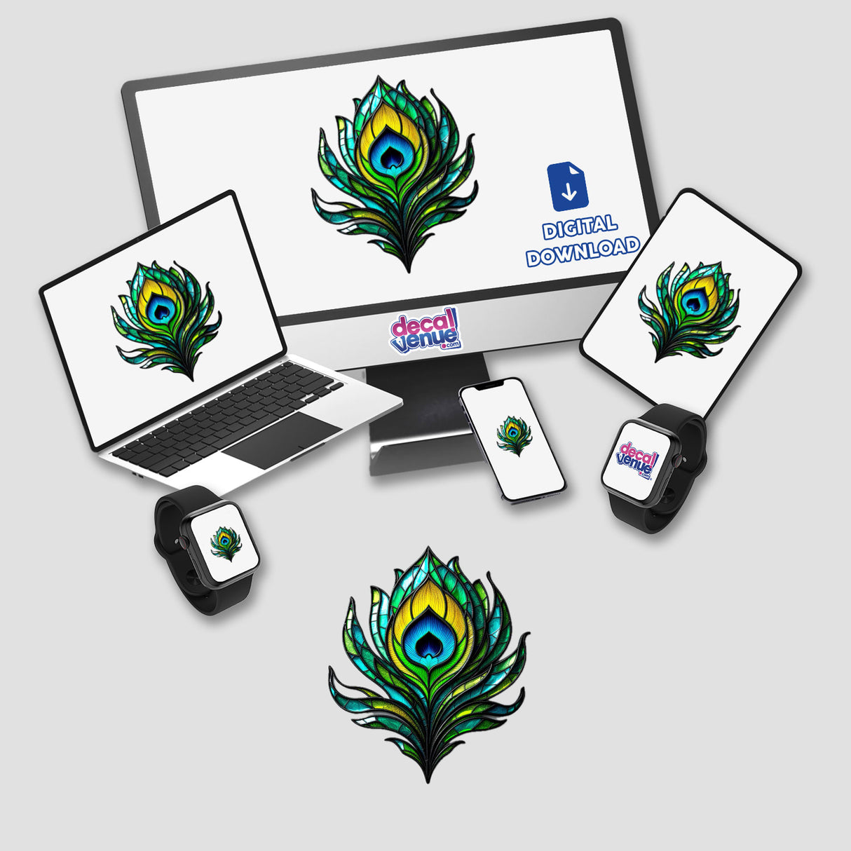 Peacock Feather Stained Glass Style displayed on a computer monitor and laptop, showcasing intricate feather details available as unique stickers or digital artwork from Decal Venue.