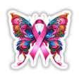 Butterfly Pink Ribbon Breast Cancer Awareness design featuring a pink ribbon seamlessly integrated with butterfly wings, available as unique stickers or digital artwork from Decal Venue.