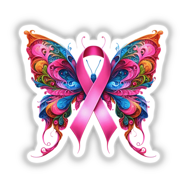 Butterfly Pink Ribbon Breast Cancer Awareness design featuring a pink ribbon seamlessly integrated with butterfly wings, available as unique stickers or digital artwork from Decal Venue.