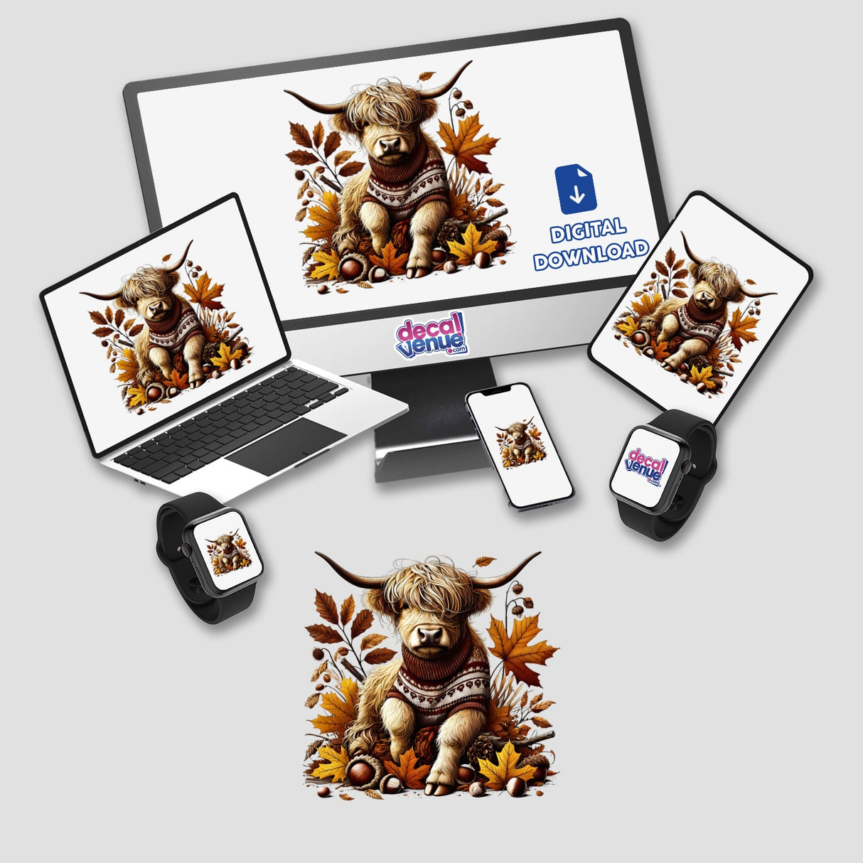 Autumn Highland Cow in Cozy Sweater displayed on various devices, including a computer monitor, laptop, tablet, smartwatch, and smartphone, as stickers or digital artwork for Decal Venue.