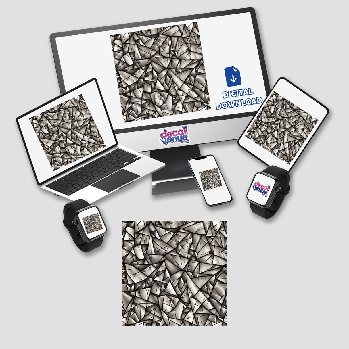 Stylish Geometric Clipart Pattern | Stickers or Commercial Use Download featuring a computer monitor, laptop, tablet, and phone displaying a modern triangle design. Ideal for unique stickers and digital artwork.