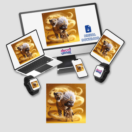 African Tribal Warrior featured on a computer and laptop screen alongside cartoon characters and cheetahs, offered as stickers or digital artwork by Decal Venue.