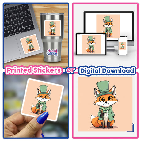 Curious Fox with Monocle and Top Hat collage, featuring stickers and digital art options, including a silver mug and a hand holding a fox sticker, emphasizing whimsical cartoon style.