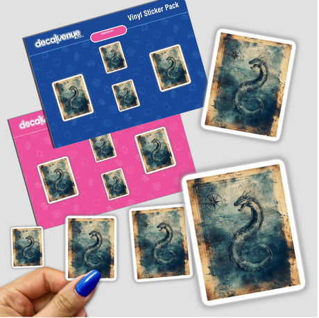 Sea Serpent Balloon on Vintage World Map sticker featuring a detailed dragon drawing overlaid on a classic map design.