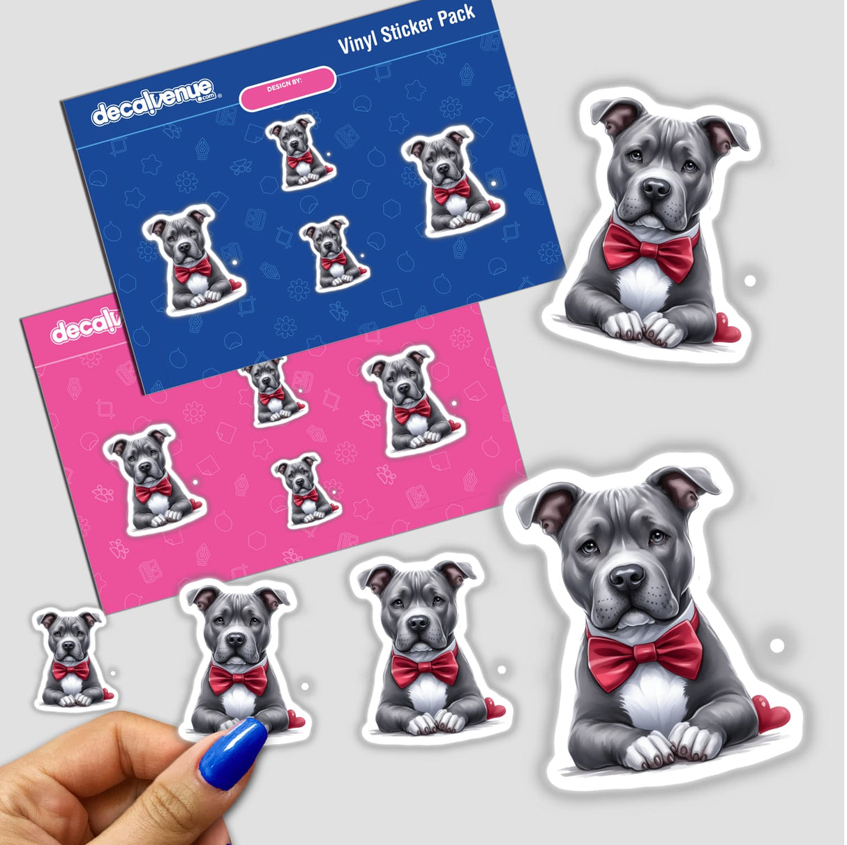 Detailed digital artwork of adorable gray pitbull dogs wearing red bow ties, displayed in a vinyl sticker pack from Decal Venue, an online store featuring unique stickers and digital art.