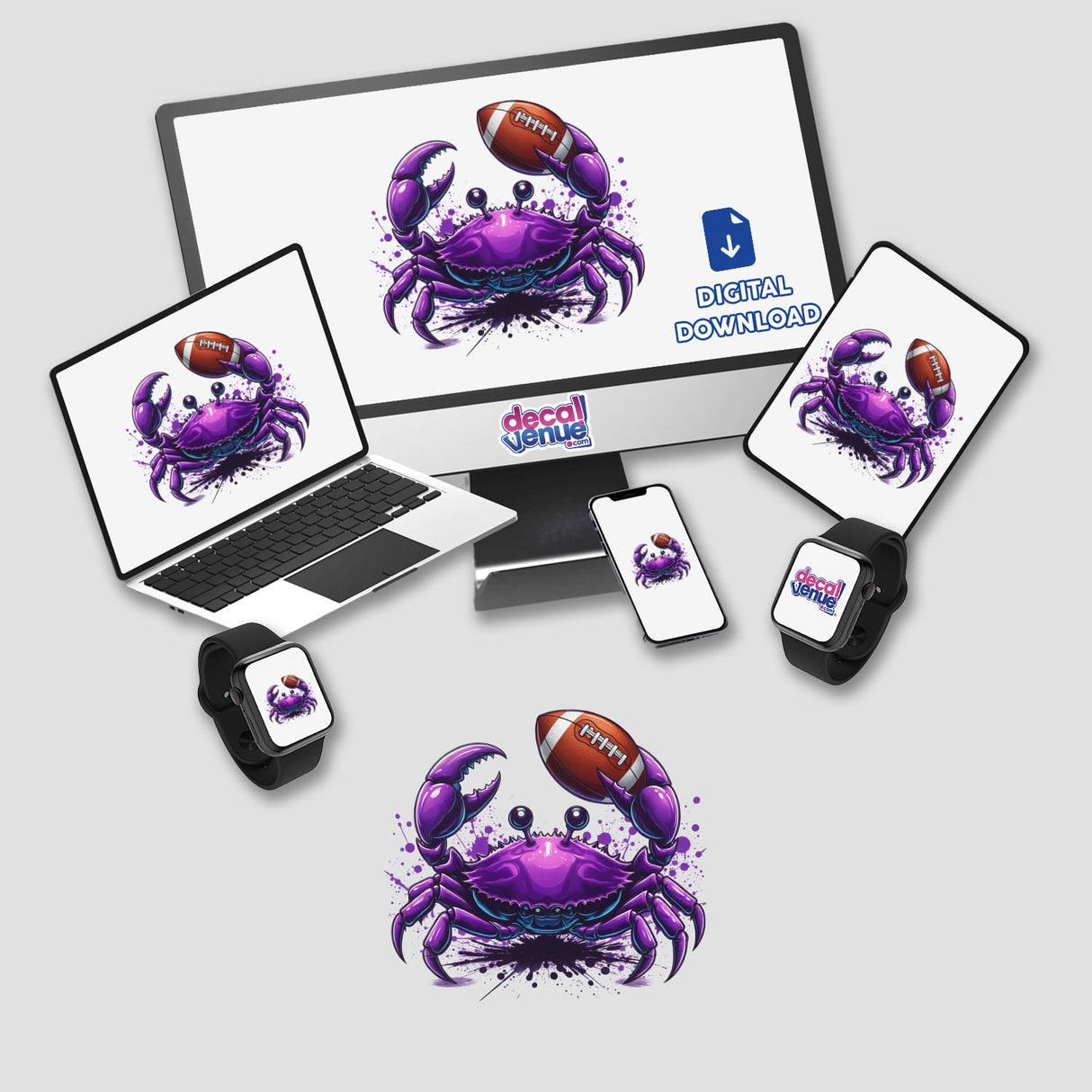 Purple crab holding football, digital artwork by Ella Designz for Decal Venue store, featuring vibrant colors and playful design across various digital products.