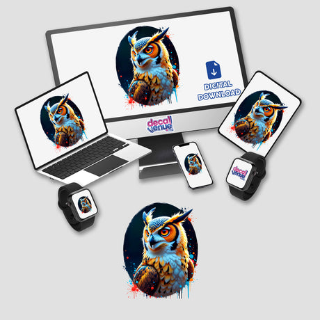 A computer monitor and laptop display A Cool Hybrid Hawk Owl image, available as stickers or digital artwork, showcasing detailed owl graphics from Decal Venue.