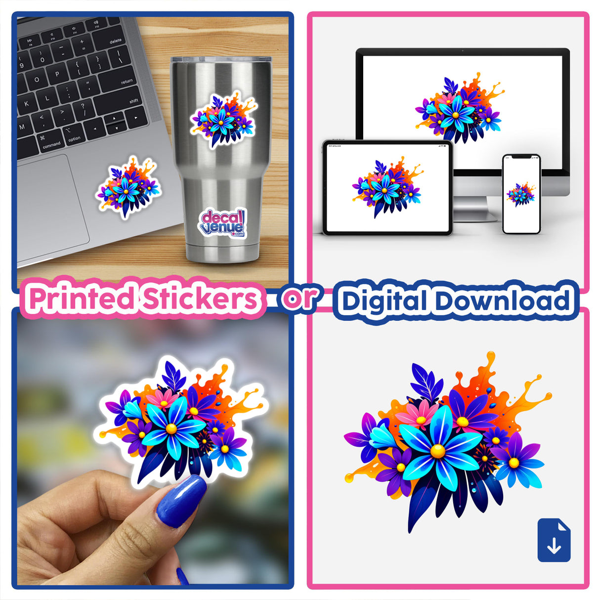 Collage featuring the product Colorful Spring Flowers as vibrant stickers and digital artwork, displayed on laptops and screens, embodying Decal Venue's unique vinyl sticker and digital art offerings.
