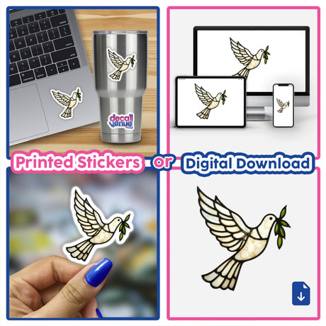 Stained Glass Dove Descending with Olive Branch Clipart and Christian Sticker, featuring a white dove holding a green branch, available as stickers or digital artwork for unique decor.