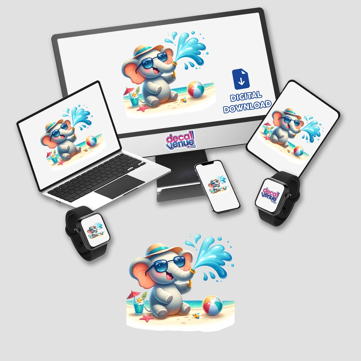 Elephant Spraying Water from Trunk on Beach