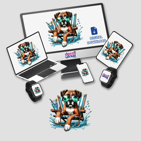 Peeking Boxer Dog Sitting in Beach Chair featured on a laptop screen, showcasing this unique design available as stickers or digital artwork from Decal Venue.
