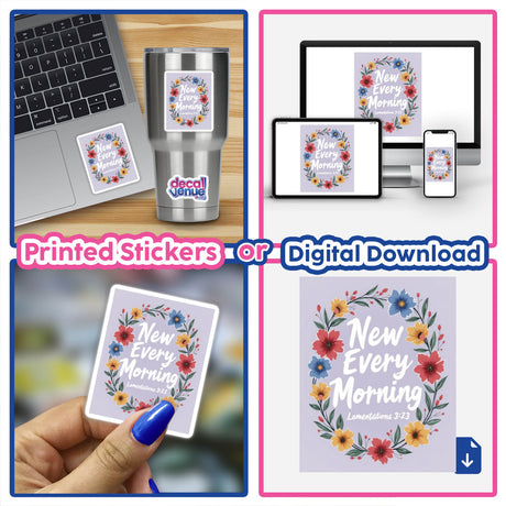 New Every Morning Lamentations 3:23 Sticker or Clipart shown on a laptop, featuring floral designs, available as vinyl stickers or digital artwork with commercial rights from Decal Venue.