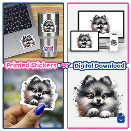 Peeking Sable Wolf Pomeranian sticker collage, featuring close-ups on laptops, cups, and hands, showcasing its versatility as both a tangible sticker and digital artwork.