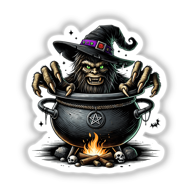 Spooky Sasquatch Conjuring Cauldron - Detailed digital art illustration of a Sasquatch creature peering out from a bubbling black cauldron, surrounded by Halloween elements like bats, skulls, and a flickering fire.