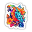 Colorful parrot illustration on a branch, available as stickers or digital artwork, showcasing vibrant detail and artistic flair.