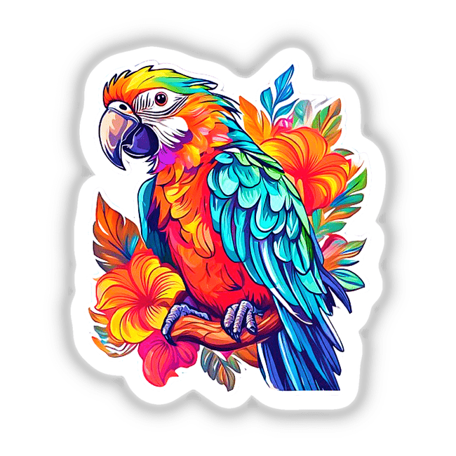 Colorful parrot illustration on a branch, available as stickers or digital artwork, showcasing vibrant detail and artistic flair.