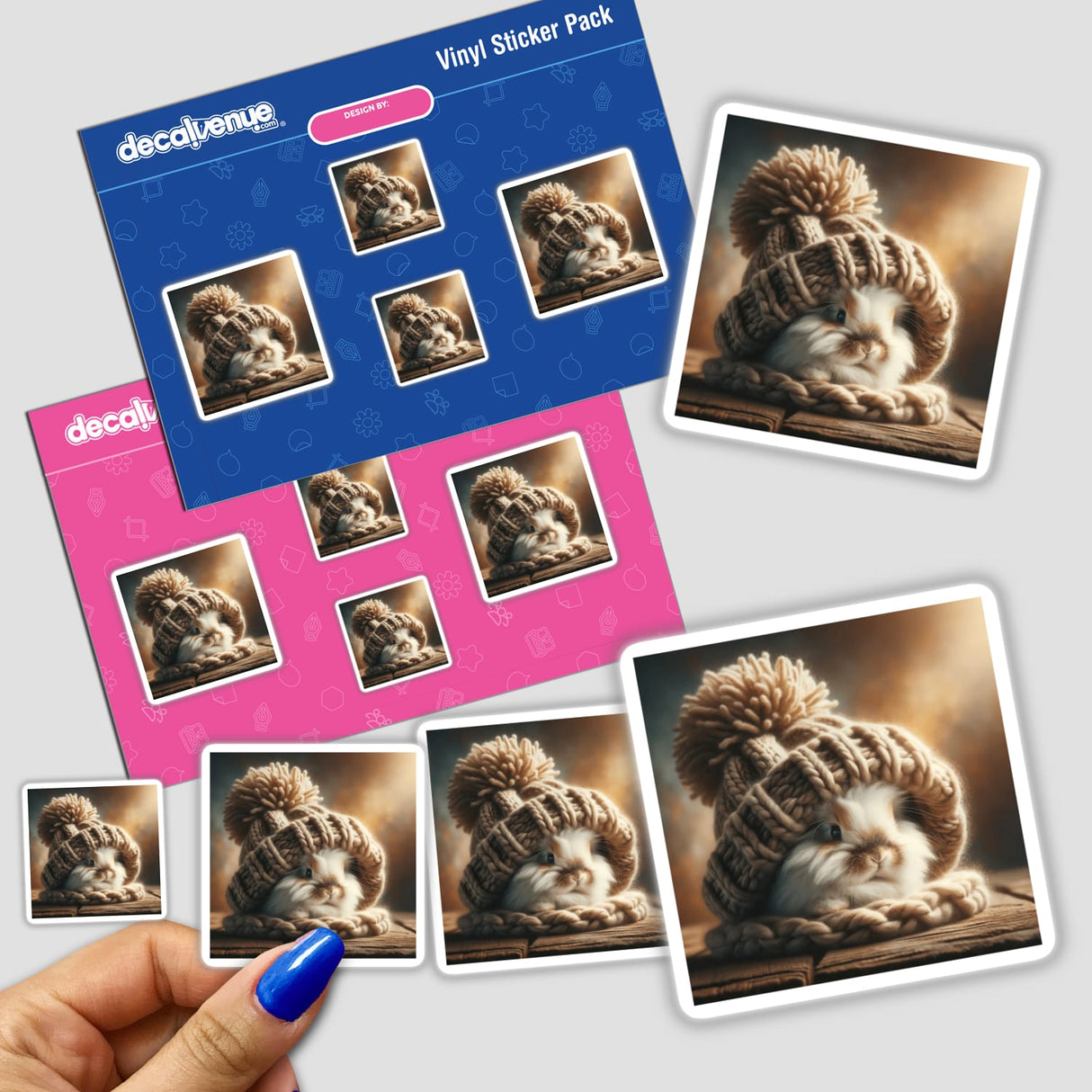 Sticker depicting Snuggled Bunny in Woolen Hat, featuring a cute rabbit wearing a cozy hat, ideal for decorating personal items or as digital artwork.