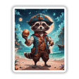 A Cute Fantasy Raccoon Pirate cartoon holding a ball on a beach, available as stickers or digital artwork, showcasing whimsical art from Decal Venue.