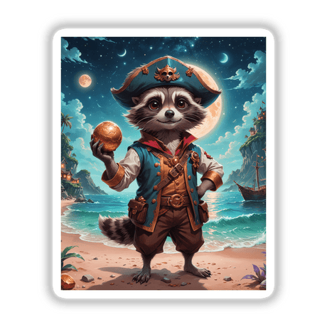 A Cute Fantasy Raccoon Pirate cartoon holding a ball on a beach, available as stickers or digital artwork, showcasing whimsical art from Decal Venue.