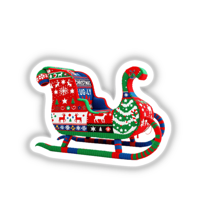 Sleigh Ugly Christmas Sweater Style: A colorful sleigh adorned with intricate knitted patterns, featuring festive elements like candy canes and snowflakes, available as stickers or digital artwork.