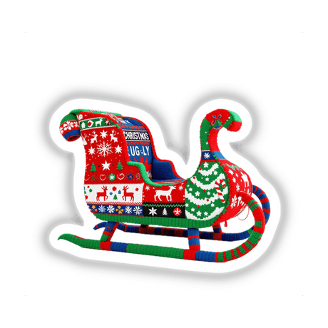 Sleigh Ugly Christmas Sweater Style: A colorful sleigh adorned with intricate knitted patterns, featuring festive elements like candy canes and snowflakes, available as stickers or digital artwork.