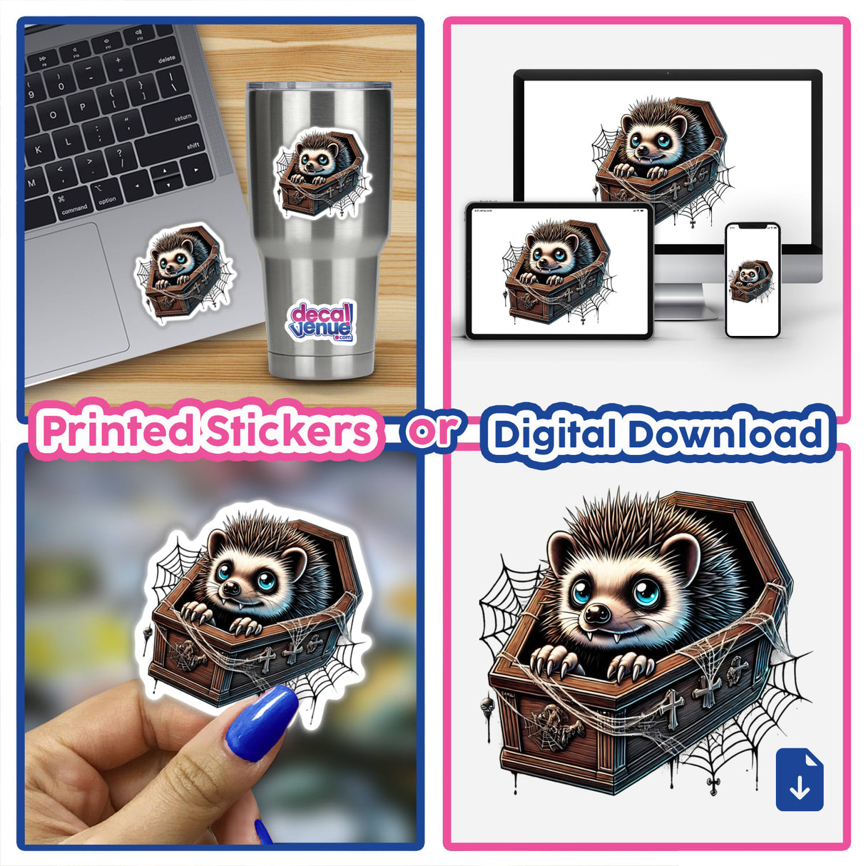 Cute Halloween hedgehog peeking out of coffin stickers and digital art, available for purchase at Decal Venue's online store. The stickers feature a adorable hedgehog character surrounded by spiderwebs and nestled in a wooden treasure chest.