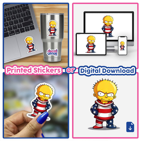 A collage featuring A Funny Guy With An American Flag Outfit, available as stickers or digital artwork, showcasing the cartoon character in various playful poses and settings.