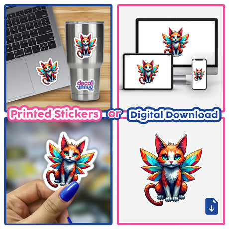 Collage featuring A Cute Geometric Fairy Cat sticker, depicting a whimsical cartoon cat with wings. Shown on a cup, laptop, and as a standalone piece, highlighting its versatile application.