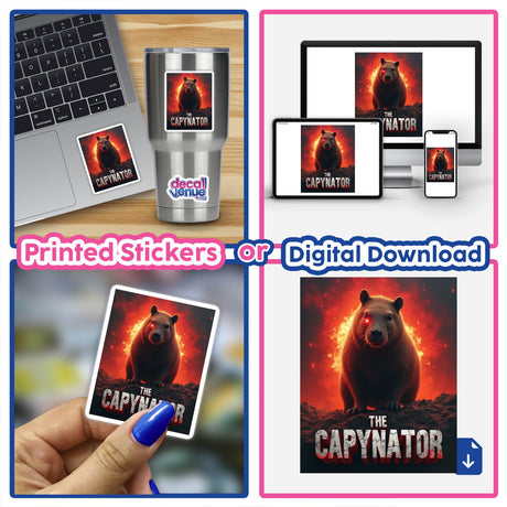 The Capynator Sticker or Clipart features a capybara in a Terminator parody style, available as stickers or digital artwork, capturing a unique and whimsical design.