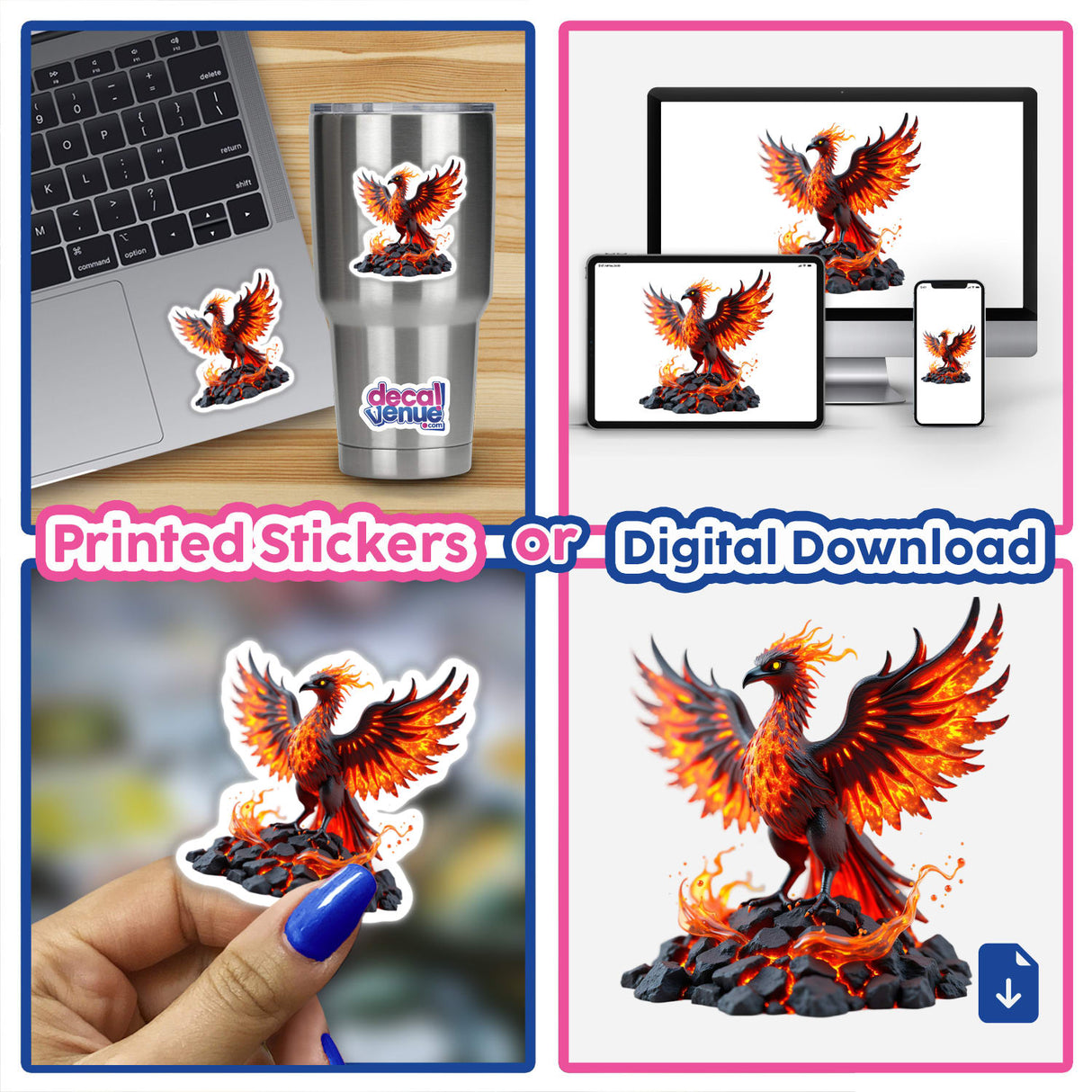 Molten Lava Phoenix: A collage showcasing a phoenix-themed digital artwork and stickers, featuring bird statues with fiery wings and decorative elements, available at Decal Venue.