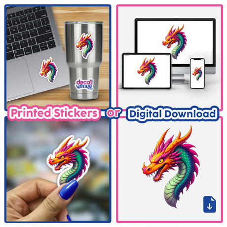Collage featuring A Cool Fantasy Dragon sticker, showcasing vibrant dragon designs on items like a cup and laptop, available as stickers or digital artwork from Decal Venue.