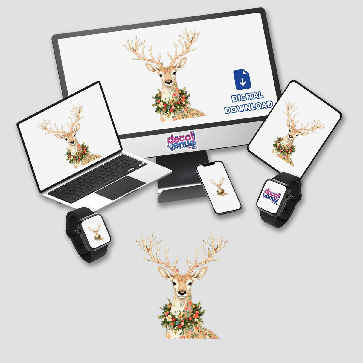 Chinoiserie Reindeer digital artwork displayed on a laptop and monitor, featuring a deer with antlers adorned with flowers, available as stickers or digital prints from Decal Venue.