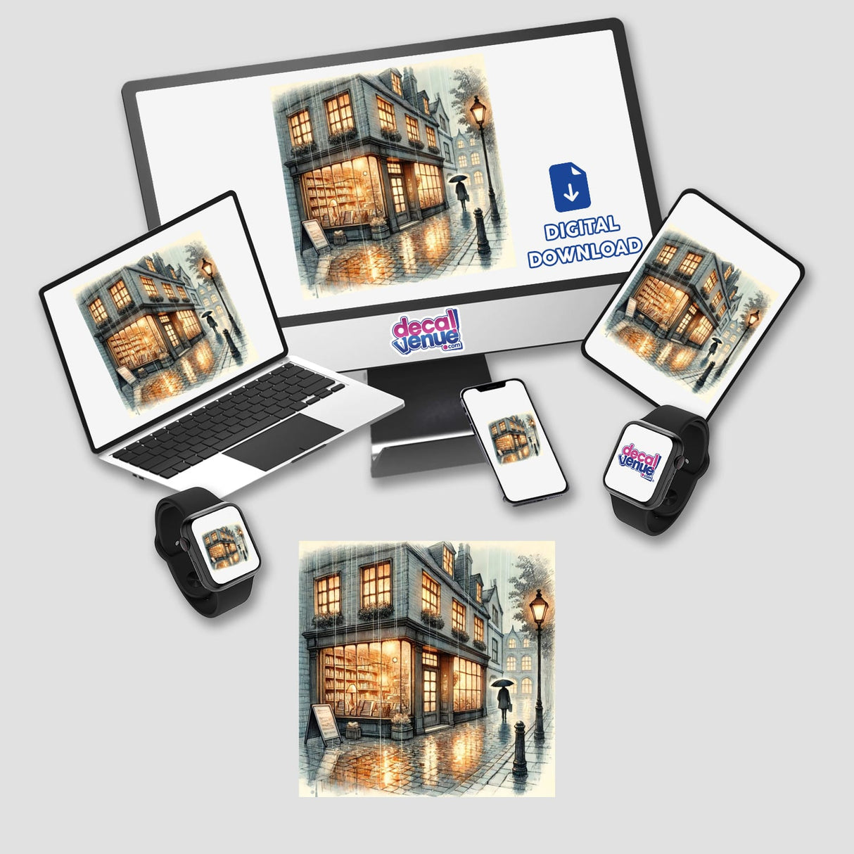 Charming Bookstore on a Rainy Day digital artwork displayed on a laptop and monitor, perfect for art lovers and bookworms, available as stickers or digital download from Decal Venue.