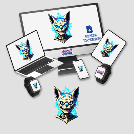 Cartoon of a cool undead cat skeleton displayed on a computer monitor and laptop screen, available as vinyl stickers or digital artwork.