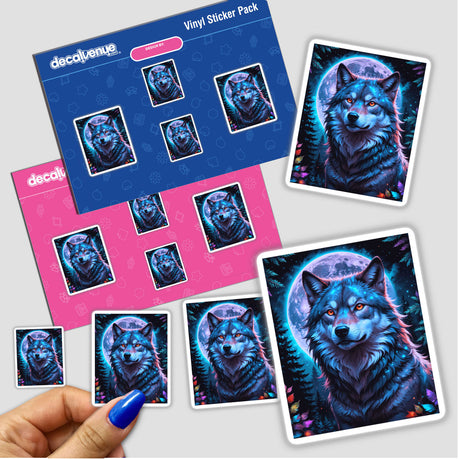 Sticker featuring digital art titled A Wolf In The Night With A Bright Moon, showcasing a wolf with orange eyes, surrounded by trees and a moon. Available as stickers or digital artwork.