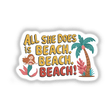 Vibrant beach-themed digital artwork featuring a mermaid against a backdrop of palm trees, tropical foliage, and the text "All she does is beach, beach, beach!"