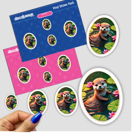 Sticker pack titled Cute Otter In The Water, featuring various illustrations of otters in a pond. A hand holds one sticker, exemplifying Decal Venue's unique sticker and digital art offerings.