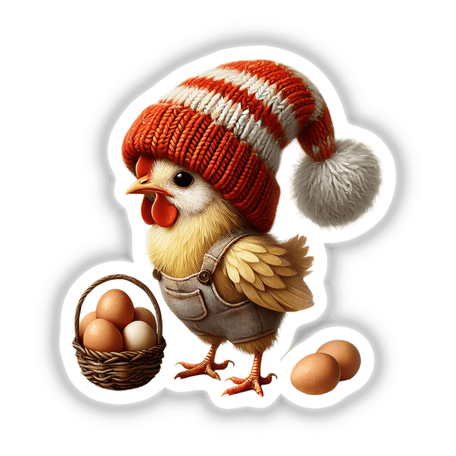 Chicken Gnome Basket of Eggs: A cartoon chicken wearing a hat and overalls, holding a basket of eggs. Available as stickers or digital artwork from Decal Venue.