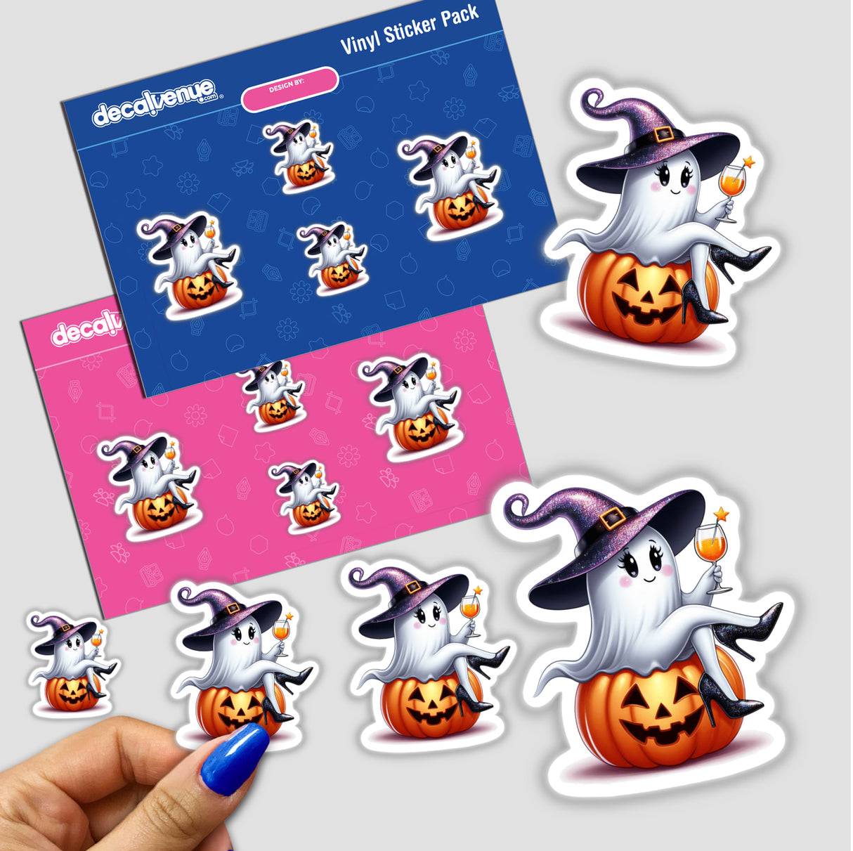 Sassy Halloween Ghost Witch w/ Wine Glass sticker pack featuring cartoon ghosts on pumpkins, held by a hand, available as stickers or digital artwork.