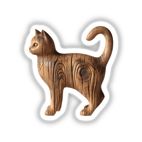 Carved Wood Cat sculpture, intricately detailed, available as stickers or digital artwork from Decal Venue, showcasing unique artistic craftsmanship.