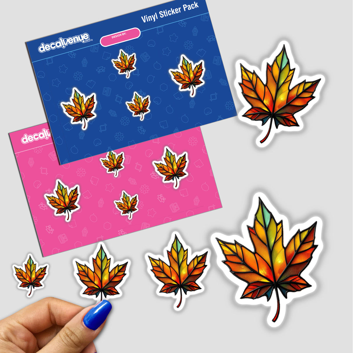 Maple Leaf Stained Glass Style stickers feature a detailed butterfly design within a leaf shape, available as unique stickers or digital artwork. Perfect for adding artistic flair to any surface.