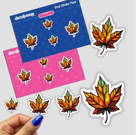 Maple Leaf Stained Glass Style stickers feature a detailed butterfly design within a leaf shape, available as unique stickers or digital artwork. Perfect for adding artistic flair to any surface.