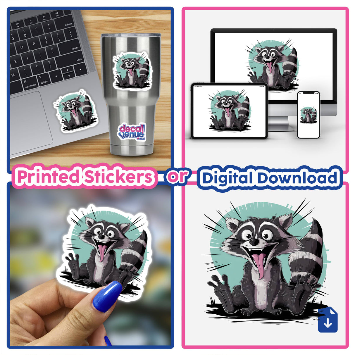 Crazy Scared Raccoon - Whimsical digital art of a playful, wide-eyed raccoon on sticker, mug, and device mockup displays.